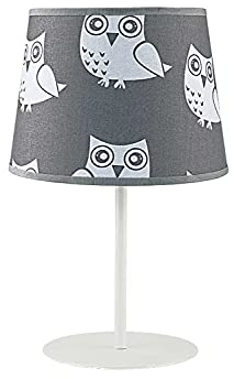 Licht-Erlebnisse Kinderzimmerlampe RUTH Grau Stoff mit Eulen rund 35cm hoch Für Kinder Mädchen Kleine Tischleuchte