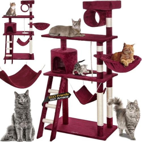 BAKAJI Kratzbaum für Katzen aus Sisal und Plüsch, Spielplatz für Katzen mit hängender Höhle, versteckt, Kratzstangen und Plattformen, Maße 142 x 74,5 x 40 cm (rot)
