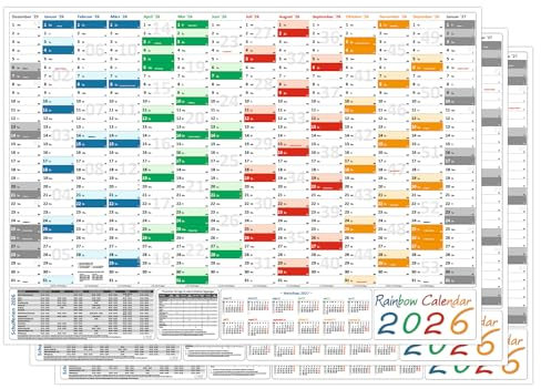 3 Stück Rainbow Wandkalender Wandplaner 2026 gefaltet DIN A1 Format (594 x 841 mm) mit 14 Monaten