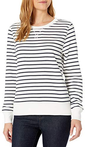 Amazon Essentials Damen Sweatshirt Aus French Terry Fleece Mit Rundhalsausschnitt (In Übergröße Erhältlich), Marineblau Weiß Querstreifen, XXL