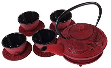 lachineuse – Chinesisches Drachen-Teeservice – 1 Teekanne, 4 Tassen aus Gusseisen und Teesieb – Fassungsvermögen 0,8 l – Japan Asia Decor – Geschenkidee für japanisches Geschirr – Farbe Rot