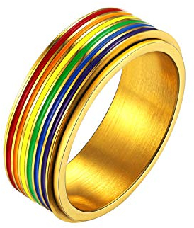 Bandmax Regenbogen Ring Lesbian Pride Spinner Ring Gold Drehring Größe 67 drehbarer Band Ring 7,8mm breit Herren Ehering Partnerring Verlobungsring Schmuck