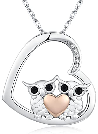 TANGPOET Eule Halskette Schmuck Geschenk Tier Eule Liebe Herz Eule Anhänger 925 Sterling Silber Halskette für Frauen Frau Mama Freundin