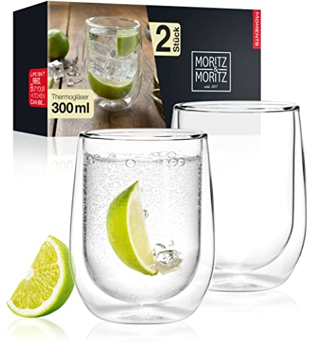Moritz & Moritz 2x 300 ml Trinkgläser Set Doppelwandig – Doppelwandige Gläser für Cocktails, Wasser, Tee, Kaffee oder Longdrinks - Spülmaschinengeeignet