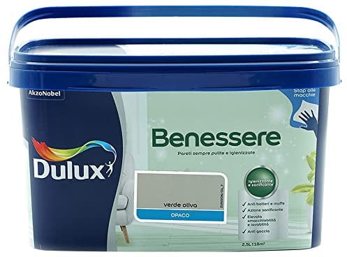Dulux Benessere Pittura Colorata all'Acqua per Interni Superlavabile Anti Muffa Anti Batteri con Ioni D'Argento, 2.5 Litri, Verde Oliva, 2.5L