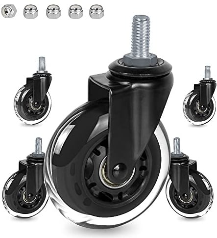 3 Thread Screw in Office Chair Caster Wheels, 3/8-16x1(Not Metric M10), Safe for All Floors, PU Rubber Furniture,Carts Stem Caster Wheels,No Scratch,650Lbs Weight Capacity