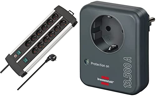 Brennenstuhl Premium-Alu-Line, Steckdosenleiste 12-Fach, Silber/schwarz & Steckdosenadapter mit Überspannungsschutz 13.500 A (Adapter als Blitzschutz für Elektrogeräte) anthrazit