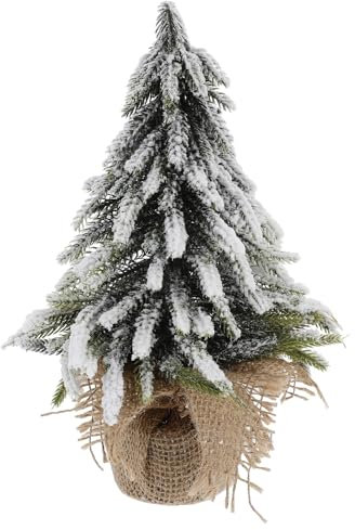 Toddmomy Mini Artificial Christmas Tree Snow Flocked Pine Xmas Tree Tabletop 26X15X15CM with Burlap Base for Christmas Decorations