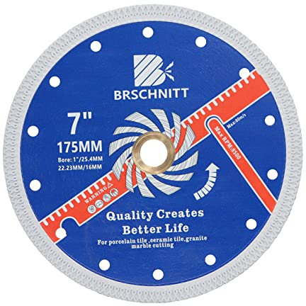 Super Thin Diamond Porcelain Cutting Disc with X Teeth,BRSCHNITT 175mm x Arbor 25.4mm-22.23mm-16mm Diamond Cutting Disc for Dry/Wet Cutting Porcelain Tile Ceramic Marble Granite