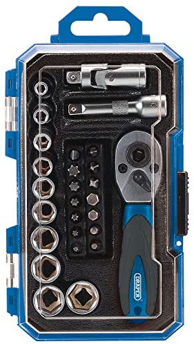 Draper 27-Piece Ratchet Metric Socket Set | 1/4 Inch Square Drive Ratchet Tool and Impact Sockets Set | Mechanics Workshop Hand Tools | 04778