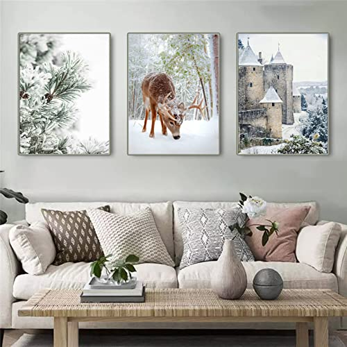 EXQULEG 3er Premium Poster Set - Ohne Rahmen, Modern Elch Winter Schneelandschaft Wandbilder Bilder für Wohnzimmer Schlafzimmer Büro Flur Wanddeko Kunst (50x70cm)
