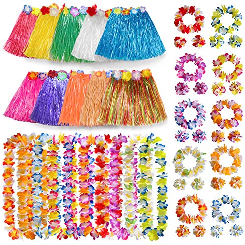 40PCS Gonna Hawaiana Set con 8 Gonna di Erba Elastico Gonna Hawaiana,8 Ghirlanda Hawaiana Collana fiori,8 bracciali,16 Fasce, Costume hawaiano Hula Gonna per ragazze Donne Hawaii Summer Decorations