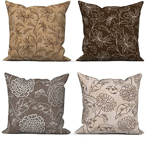 ASDCXZ Boho Kissenbezug 45x45 cm 4er Set, Vintage Beige Braun Grau Blume Blätter Sofa Kissen Bezug Dekokissen Kissenbezüge Kissenhülle Waschbar Polyester Flachs Textil Outdoor Polster Kopfkissenbezug