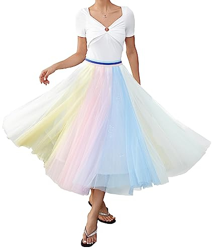 Langer Tüllrock für Damen, plissiert, hohe elastische Taille, schwingend, lässiger Midirock