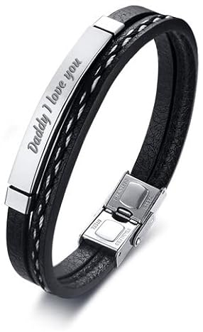 BCughia Armband Personalisiert, Herrenarmbänder Silber Leder Erkennungsmarke mit Gravur Daddy I Love You Armband Geburtstag Geschenk 18x0.5cm