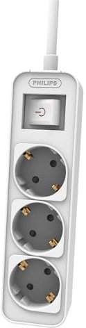 Philips Regleta CHP2134G/10 - Regleta 3 Tomas de Corriente, Cable 1.5 Metros, Interruptor Principal, Incluye Cierre de Seguridad Automático, Indicador LED de Alimentación - Color Blanco