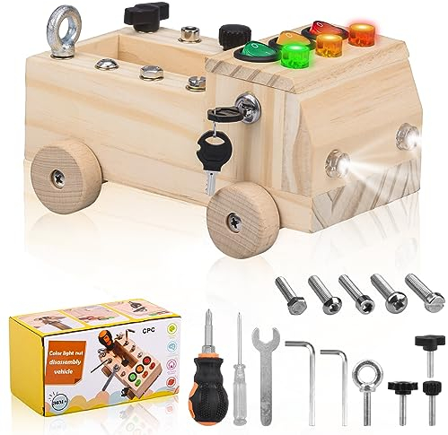 LIUWID Busy Board Montessori Jouet Enfant avec Boutons LED Lumineux et Interrupteurs Planche à Vis en Bois Montessori Jouet Montessori pour Garçon Fille 3 4 5 6 Ans