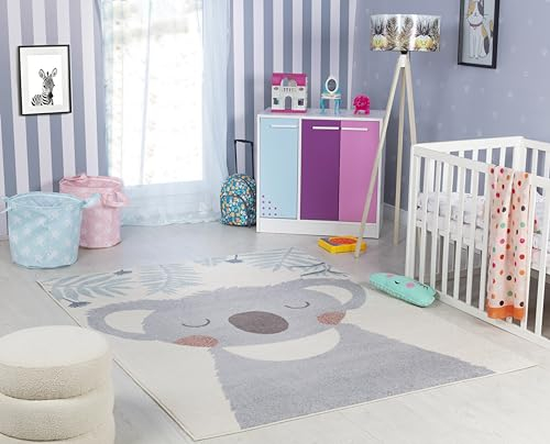 Livabliss Koala Kinderteppich - Cartoon Teppich 120x170 cm, Tier Teppich Kinderzimmer oder Babyzimmer, Krabbelteppich oder Spielteppich - Baby Teppich für Jungen & Mädchen, Elfenbein und Grau