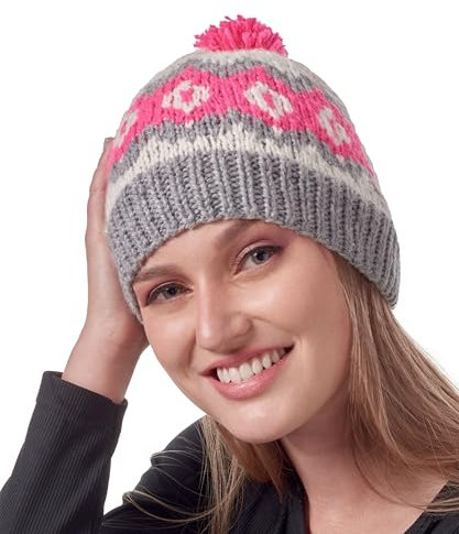 INTI ALPACA White and Pink Island Handgestrickte Alpaka Beanie Mütze mit Pom Pom - Wintermütze für Outdoor und Indoor (Rosa), pink / weiß, Einheitsgröße