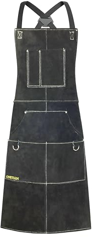 ONETIAN Delantal de Soldadura de Cuero Forro Suave – Resistente al Calor, Retardante de Llama, Delantal de Protección Robusto con Múltiples Bolsillos