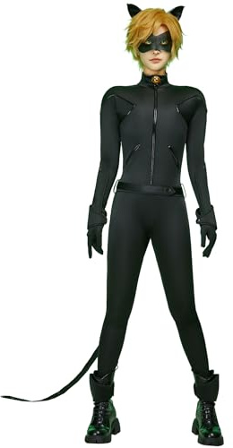 Unisex Miraculous Ladybug Adult Cat Noir Kostüm-Set, offiziell lizenziert, mit Augenmaske, Ohrbedeckungen, Handgelenk, Knöchelbedeckungen