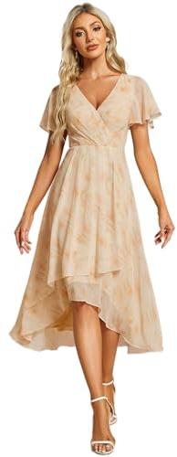 Ever-Pretty Hochzeitsgastkleid V Ausschnitt Gerüschte Ärmelränder Damen Elegante Empire Taille Brautjungfer Kleider Chic Goldene Rose 36