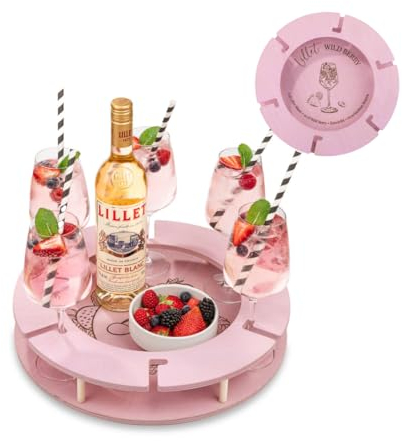 INEXTERIOR WildberryBar für 6 Gläser – SpritzBar – WeinBar – Tablett für Weingläser und Aperitifs – Beeren und Orangen Designs – Geschenk für Aperol, Lillet oder Wein Liebhaber (Rosa, Lillet Glas)