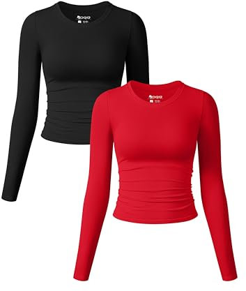 OQQ Womens Tight T-Shirt Long Sleeve Ruched Top Crew Neck Tops Ladies Basic Shirt Black Red