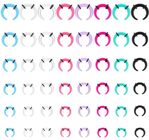 Yolev 48 Stück Septum Piercing Acryl Horn Pincher Tapers C Form Nasenring Piercing Nasenseptum Messgerät Set mit Schwarz O Ring Büffel Hufeisen Nasenring zum Dehnen von Piercing Nasenohren