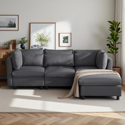Sapgaks Ecksofa, ausklappbar, mit Kissen, Schlafsofa in L-Form, modernes Design, ausziehbares Sofa, 3-Sitzer, gepolsterte Möbel (Grau)