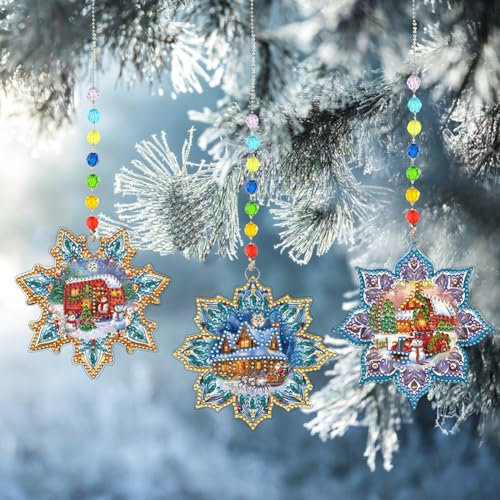 Starnearby Weihnachten Diamond Painting Sonnenfänger Windspiel Bastelsets, 3 Stück 5D DIY Diamond Painting Weihnachten Anhänger, Diamond Painting Fensterbilder Weihnachts Fensterdeko