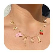 Girl Products Charms-Halskette für Frauen, Sommer-Strand-Anfangs-Charm-Halskette, Büroklammer-Kette, Costal Cowgirl, Kirsche, Muschel, Fliege, Charms, Halskette, Boho, 14 Karat, Surfer-Schmuck,