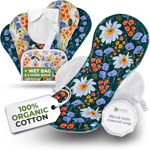 Natissy Bio-Baumwolle Stoffbinden für Frauen und Teenager, Waschbar, Extra Saugfähig, Atmungsaktiv, Hautfreundlich und Wiederverwendbar - 6er-Set L+XL - Made in EU