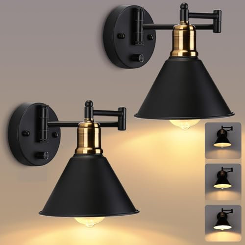 Lampop Swing Arm Wall Light Industrial with Switch, Black Wall Lights Dimmable & 180°Adjustable Angle, E27 Vintage Wall Lamp for Beroom Living Room, Beside, Bulb Not Included (2 Pack)