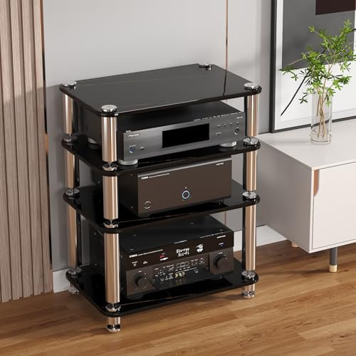 Hifi rack,plattenspieler regal,stereo-schrank,hifi regal,rack hifi regal audio schrank,av-medienständer, offenes stereo-schrank,audio rack hifi regal für ecke,Verstärker-Rack-Regal(Black,4-layer)