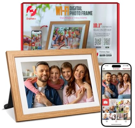 Digital Photo Frame Wifi 10.1 inch Oak Wood Frame, Smart Electronic Digital Picture Frame 32GB Memory, 1280 * 800 HD IPS Touchscreen, Share Photos & Videos via Frameo APP, Gift for Women/Men