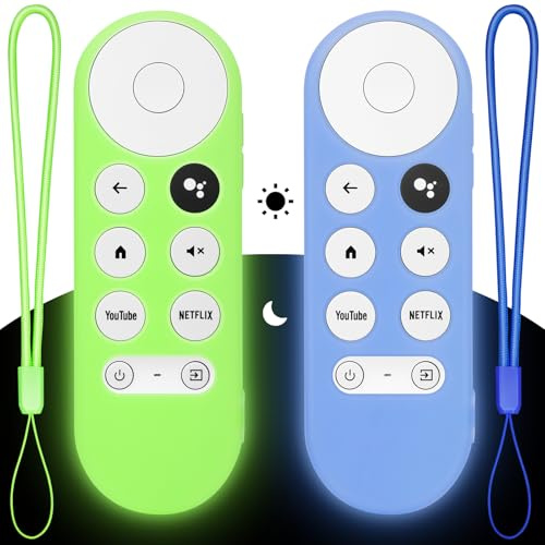 2PC Cover-Case for Chromecast-Google-TV-Remote, Glow-in-The-Dark Silicone Sleeve Skin per Google Chromecast & TV Streamer (Verde + Blu)