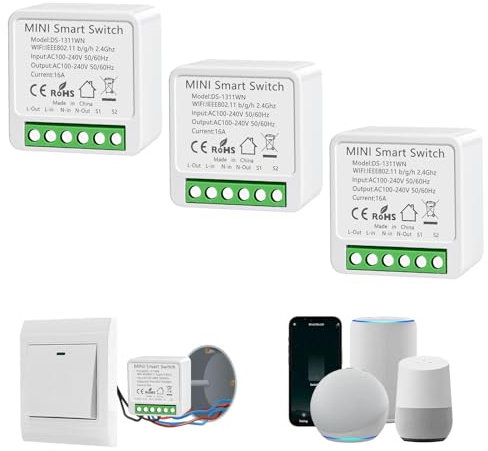 Interruttore WiFi, 16A Interruttore Smart Life, Interruttori Intelligente Relé WiFi, Alexa Interruttore Luce, Supporta il Controllo Vocale, Cavo Neutro Richiesto, Timer Fai Da (3 pezzi)
