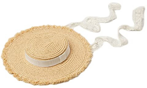 THINCAN Sombrero para el sol, niños y niñas, sombrero de paja plano con parte superior plana, cinta de encaje para sol para playa C, Punta de hebilla blanca, Talla única