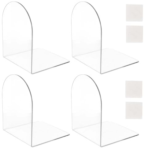 Luxvara Lot de 4 Serre-Livres, Serre-Livres en Acrylique, Porte Livre Transparent en Forme de L, Transparent Serre Livres avec Tapis Antidérapant, Cale Livre Etagere pour Bureau Maison et École