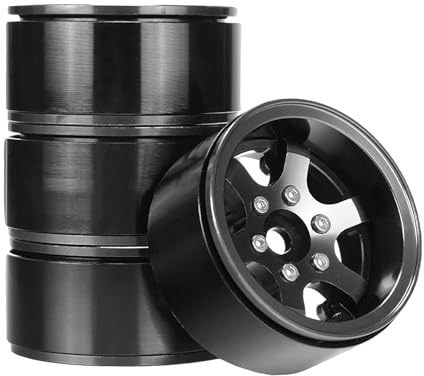 KINGCOO 4Stück 1,55'' Beadlock Legierung 6-Spoke Aluminium Räder Felgen -4.4mm/+2.8mm Offset wechselbar für RC 1/10 Raupenfahrzeug Auto für Axial 90069 Tamiya D90 TF2 LC70 LC80 MN98 (Schwarz)