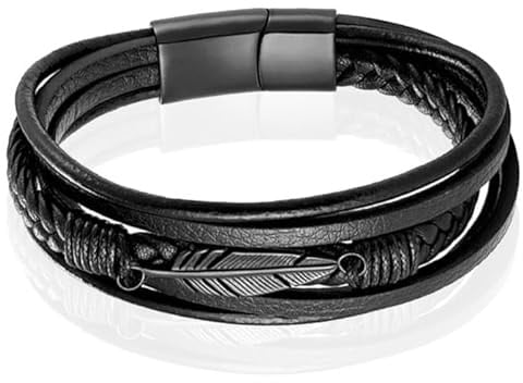 Mendes Schmuck Herren Armband - Robustes schwarzes Leder mit Blattform Stahl Charm - Schwarz-21cm