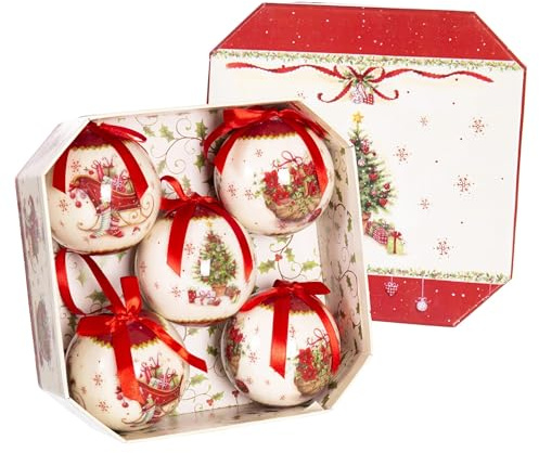TIENDA EURASIA - Pack 5 Bolas de Navidad en Caja de Regalo | Diseños Navideños Originales | Bola de Navidad con Cinta Decorada 7,5 cm Diámetro | Pack Regalo (116391 - Arbol)