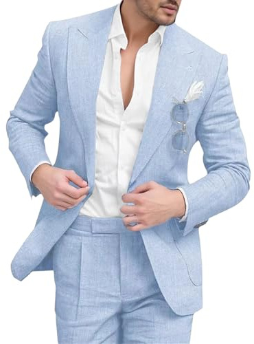 Costume Deux pièces en Lin pour Homme, Coupe Slim, idéal pour l'été, la Plage, Un Mariage ou Un Bal de Promo. Veste Blazer et Pantalon décontractés Le marié.