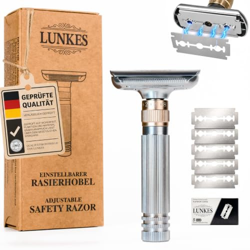 LUNKES Rasierhobel Herren Verstellbar – Nassrasierer aus Metall mit Klingen | Sicherheitsrasierer, kompatibel mit allen Double Edge Klingen, plastikfreie Alternative für Bartpflege & Geschenk
