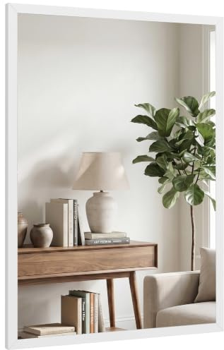 HOMCOM Specchio Bagno da Parete Rettangolare con Ganci, 50x70cm Bianco | Specchio da Camera, Vetro e MDF
