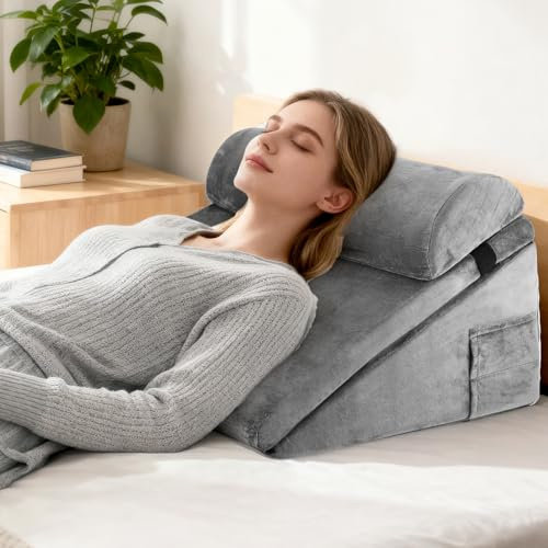 Keilkissen für Bett und Sofa, Doppelte Lage Memory Schaum Lesekissen, Verstellbares Keilkissen, Ergonomisches Kopfkissen Bettkeil für Beinkissen-Rückenkissen beim Spielen, Lesen(Grau) (50*50*28cm)