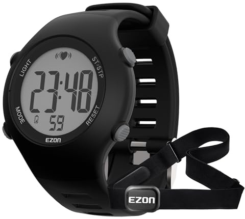 EZON Heart Rate Monitor Chest Strap and Digital Watch,5ATM Waterproof Fitness Tracker with HRM,Calories Burned,Stopwatch and Hourly Chime - Ideal Fitness Presents for Men and Women (Black)