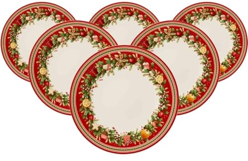 Villeroy & Boch Winter Bakery Delight Lot de 6 assiettes plates rondes avec motifs de Noël en porcelaine de qualité supérieure Blanc/rouge 27 cm
