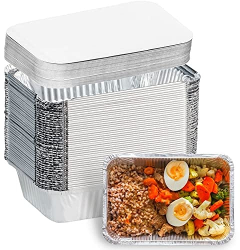 Aluminum Pans with Lids (50-Pack, 8.5×6) 2.25 LB Capacity Foil Food Containers with Lids - 50 Pans and 50 Cardboard Covers - Disposable Tin Foil Pans - for Baking, Meal Prep and Freezer, Takeout
